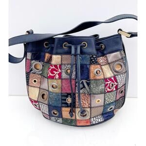 Archival Braccialini Leather Patchwork Mosaic Tote | Drawstring Cinch| Italy bag